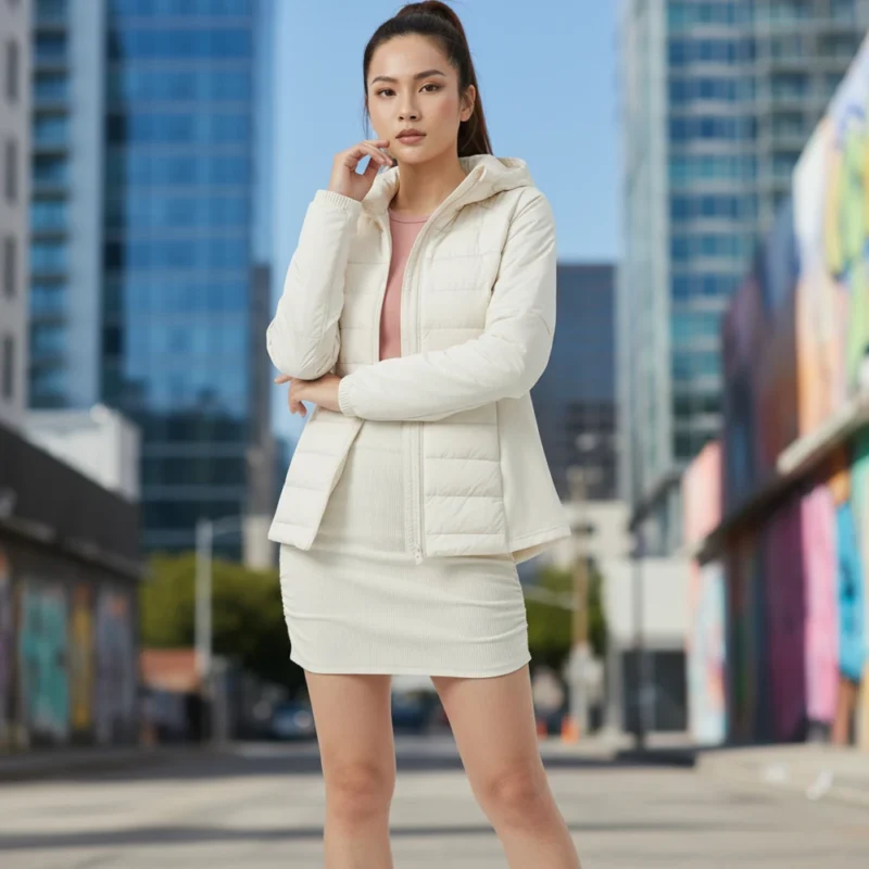 Áo Khoác Lông Vũ Lông Ngỗng 5091YRF Trắng phối váy trắng